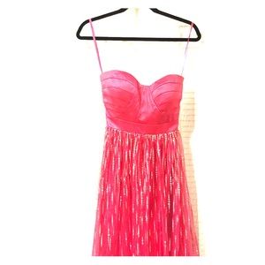 Fuchsia strapless prom dress with silver glitter